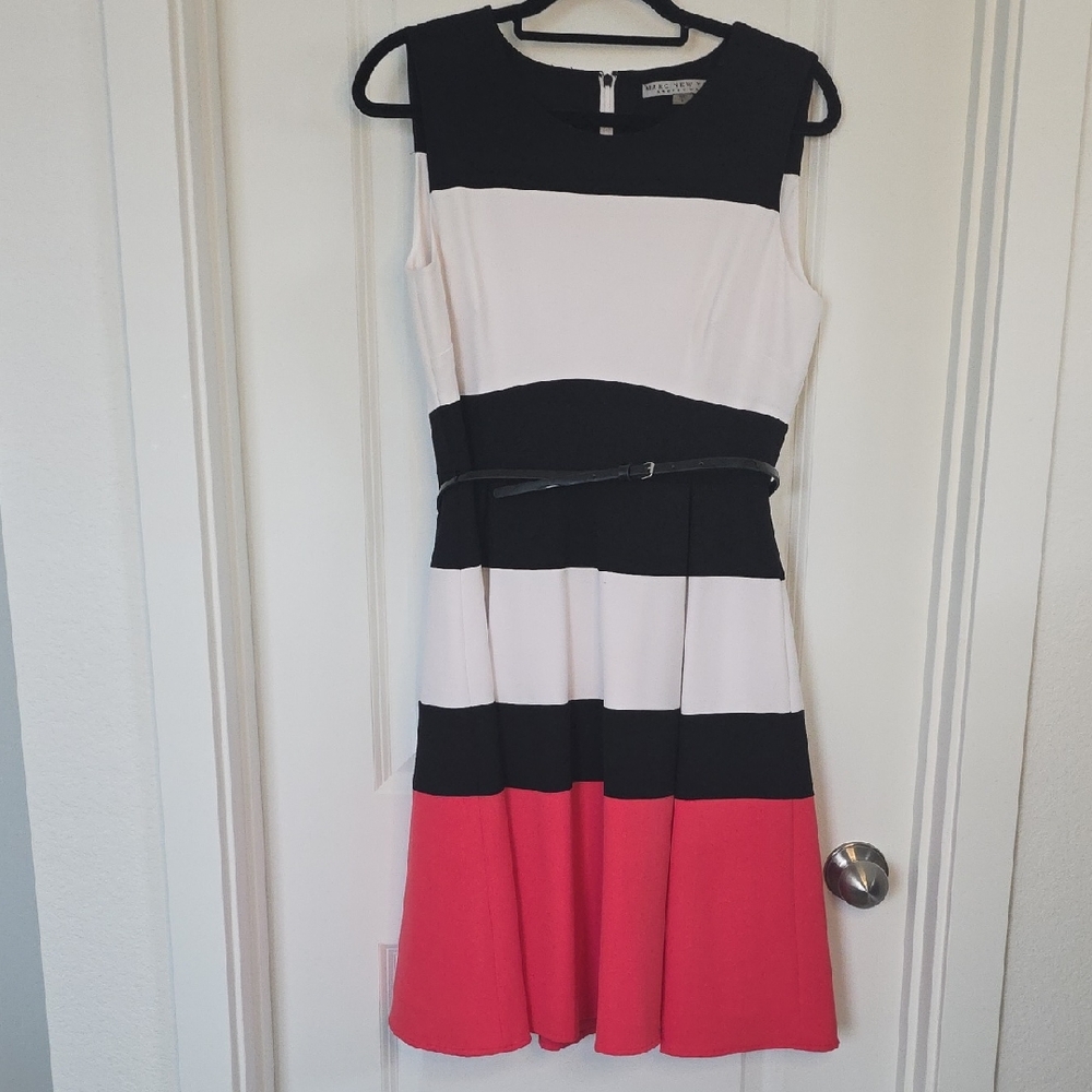 Andrew Marc Black, White, and Red Striped Midi Dress